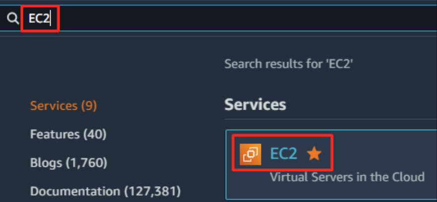 AWS console search for EC2 service