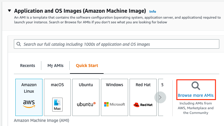 The EC2 console view for Application and OS Images menu