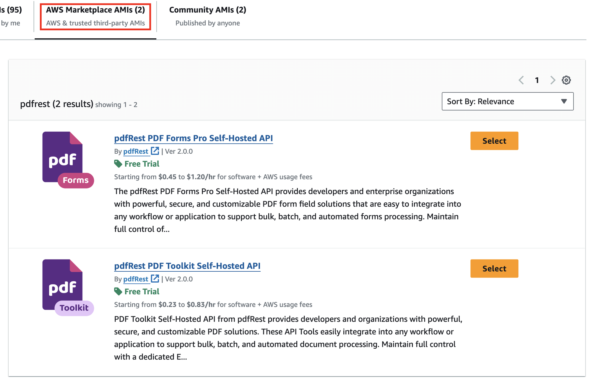pdfRest products under the AWS Marketplace AMIs tab