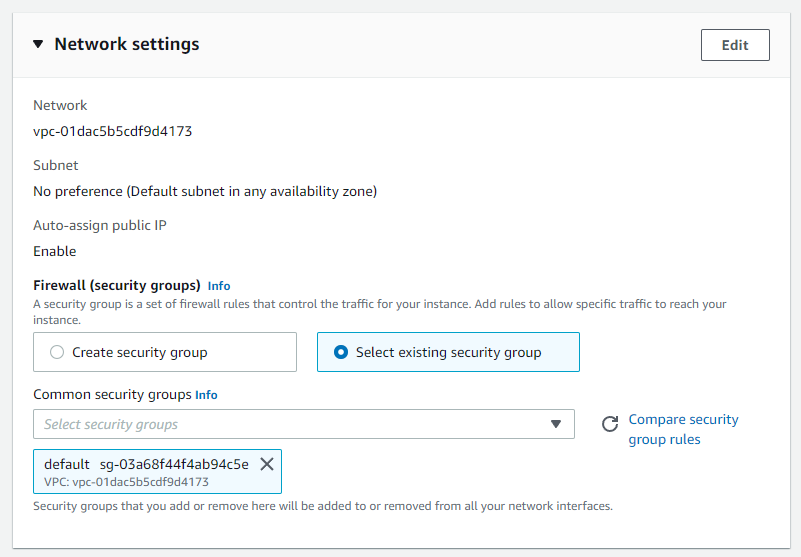The network settings menu, focus is on Security Groups